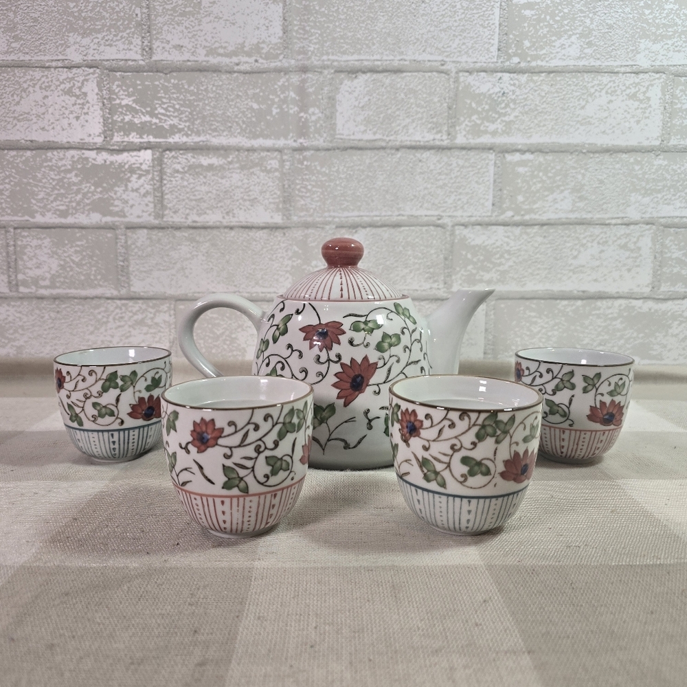 Pier 1 Imports Porcelain Floral Teapot & Cups Tea Set